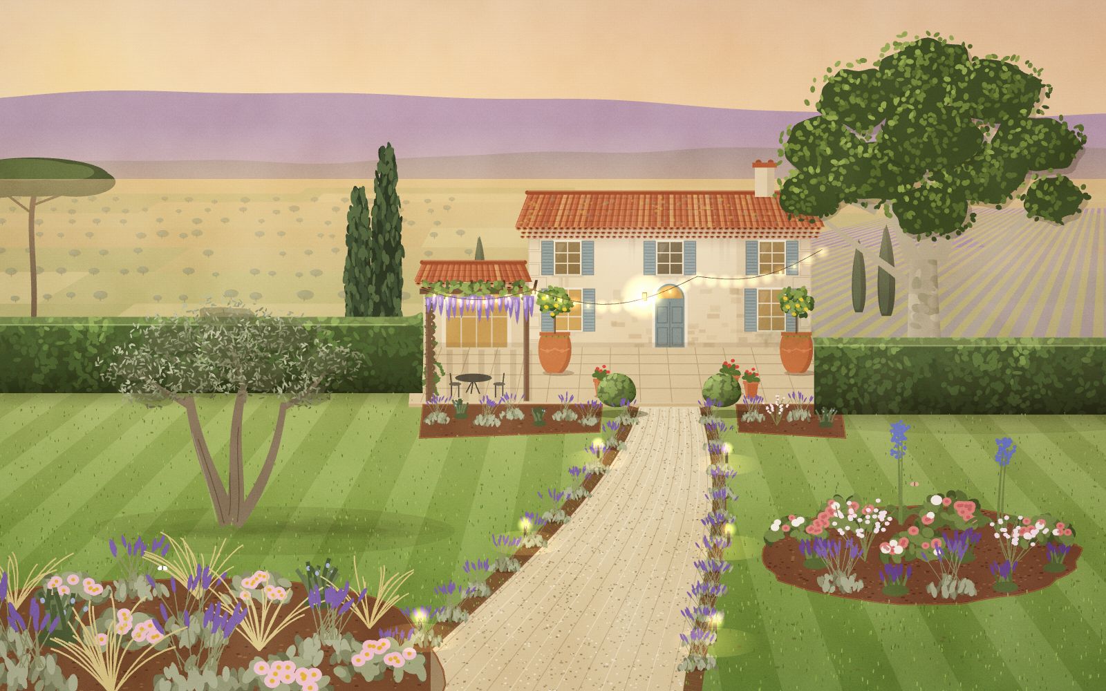 Le jardin du mas entretenu : pelouse tondue, haies taillées, massifs paillés, lavandes le long de l'allée.