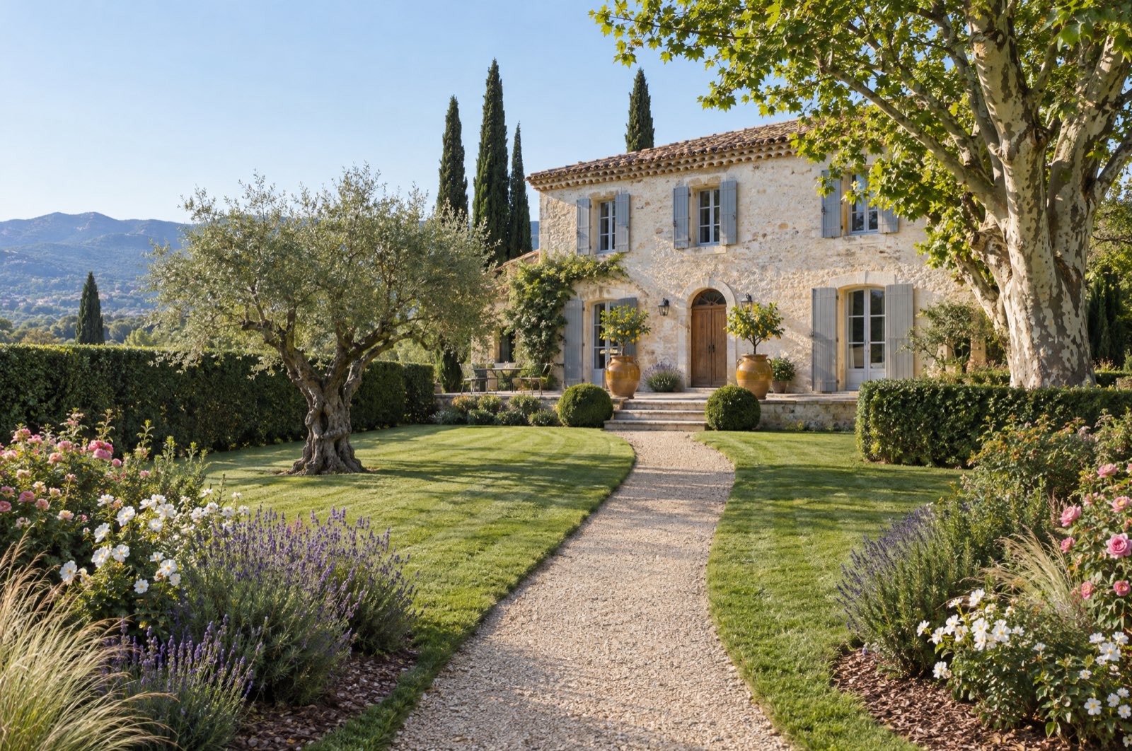Jardin d'un mas provençal entretenu : pelouse tondue, haie taillée, olivier éclairci, massifs paillés et jarres d'Anduze sur la terrasse.
