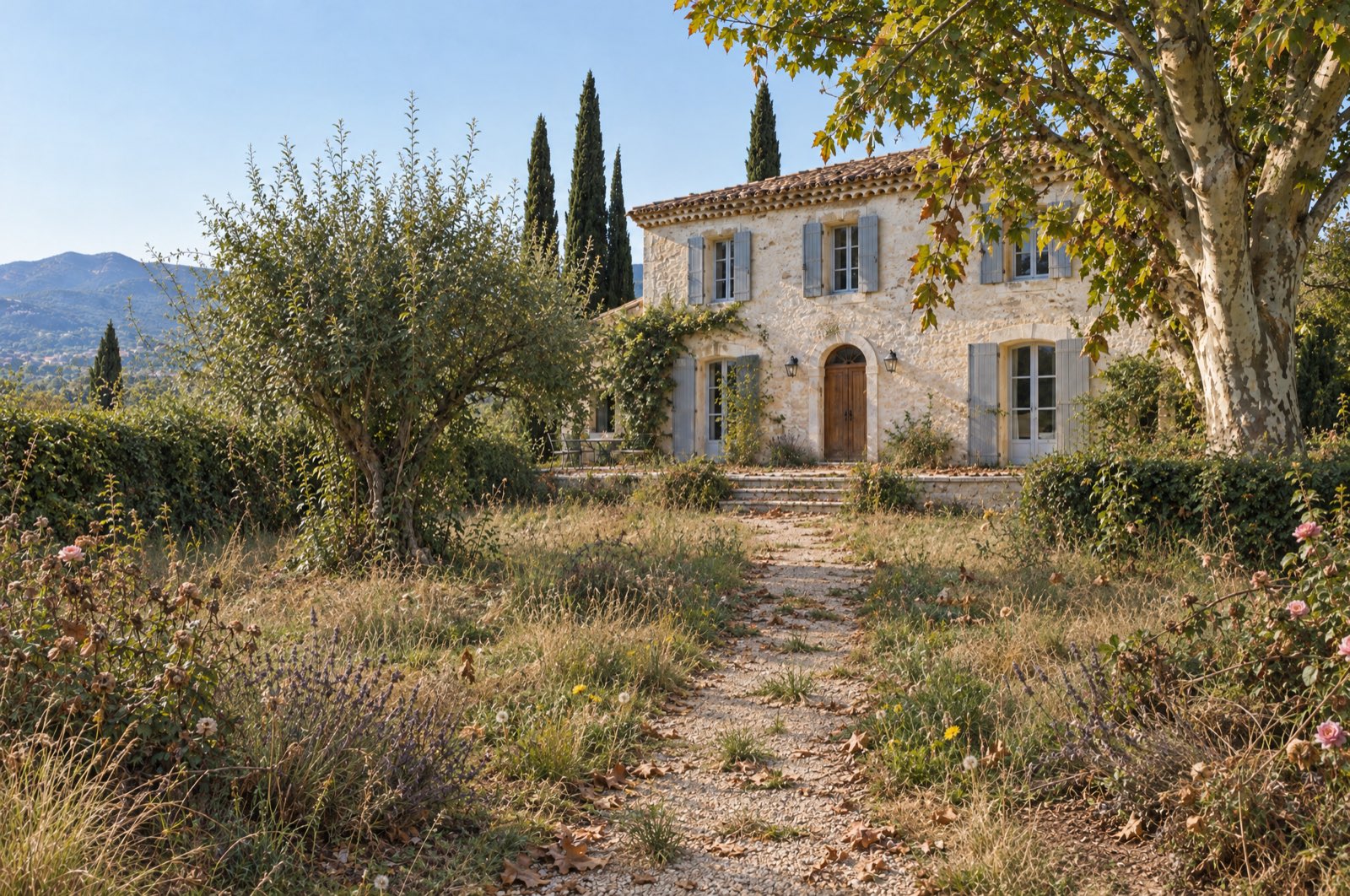 Le même jardin avant l'entretien : herbe haute, haie hirsute, feuilles au sol, allée envahie, massifs négligés.